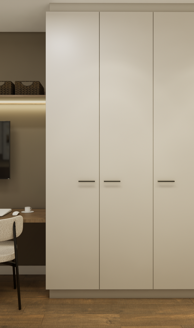 Render 3D de quarto com marcenaria bege, mesa de trabalho em madeira, cadeiras claras e paredes em tom fendi na Bela Vista