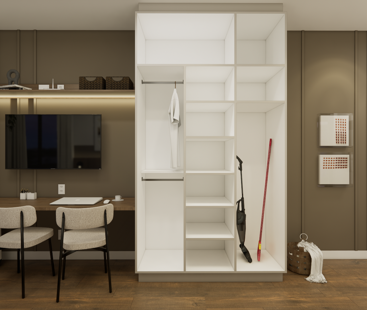 Render 3D de home office com armário aberto branco, marcenaria marrom, cadeiras claras e iluminação indireta no painel
