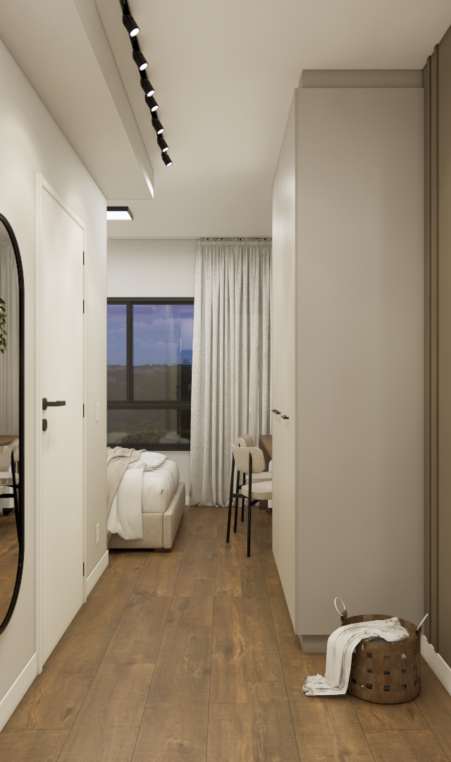 Render 3D de corredor em apartamento com marcenaria bege, parede com boiserie marrom, espelho oval e piso amadeirado