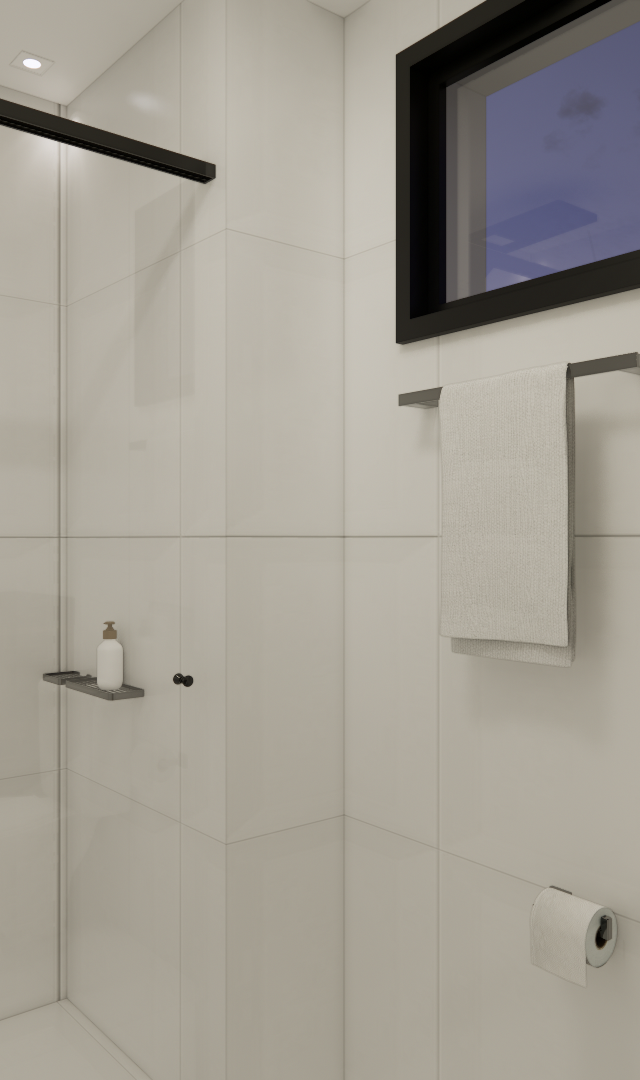 Render 3D de banheiro moderno com revestimentos claros, box de vidro, metais pretos e bancada em pedra escura