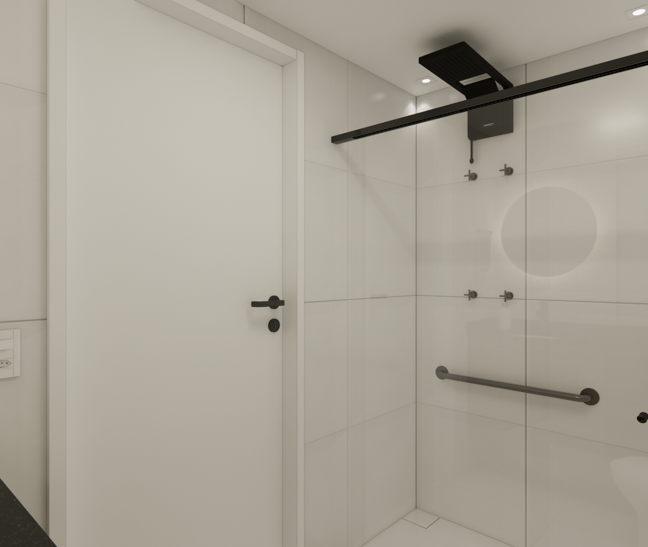 Render 3D de banheiro com revestimento branco, metais pretos, box de vidro com barra de apoio e bancada de granito preto