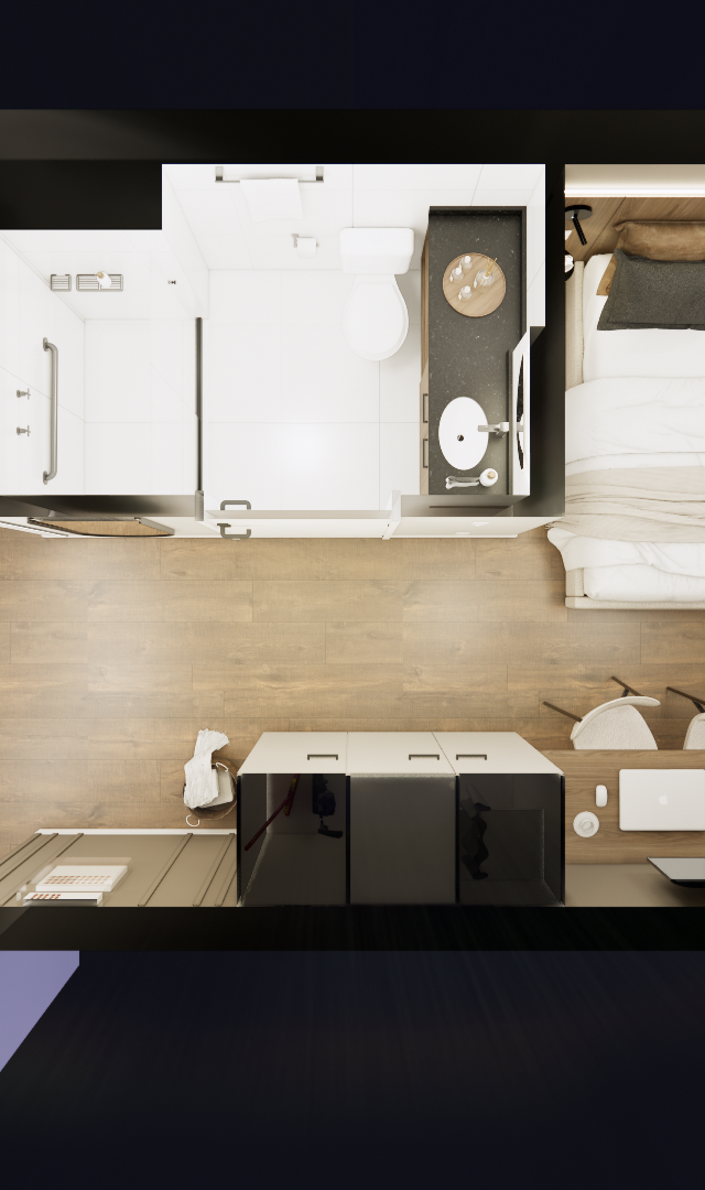 Planta humanizada 3D de estúdio de 37m² com piso amadeirado, banheiro branco, cozinha linear, cama de casal e mesa de apoio
