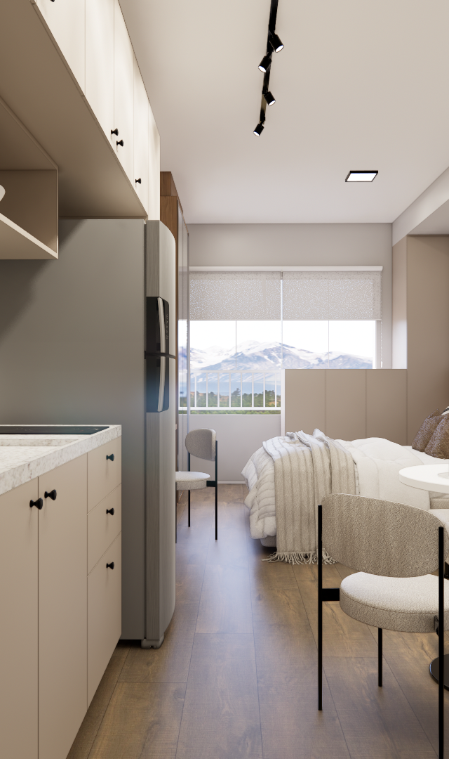Render 3D de estúdio no Metrocasa Berrini com cozinha compacta bege, tons neutros, piso amadeirado e iluminação moderna