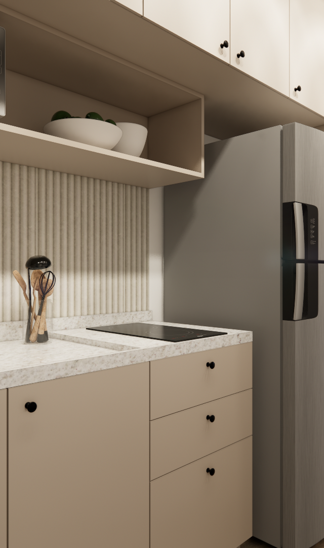 Render 3D de cozinha compacta no Metrocasa Berrini, marcenaria bege, bancada clara e iluminação em tons neutros