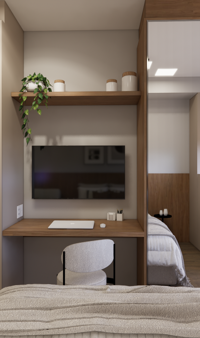 Render 3D do quarto Metrocasa Berrini com marcenaria em madeira e tons neutros, bancada de trabalho, TV e armário espelhado