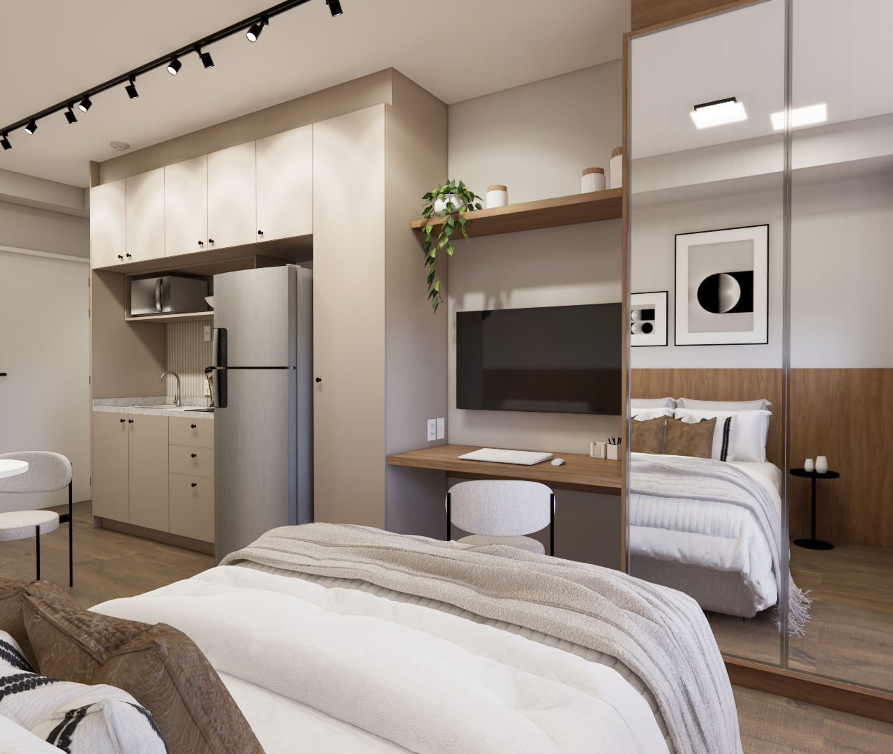 Render 3D de estúdio no Metrocasa Berrini com cozinha integrada, marcenaria em tons neutros, madeira e espelho amplo