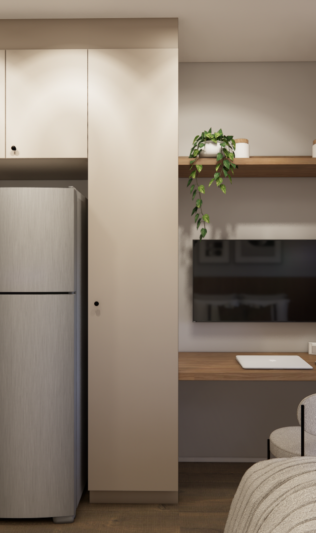 Render 3D de estúdio no Metrocasa Berrini com cozinha bege, bancada de madeira, TV, mesa de trabalho e armário espelhado