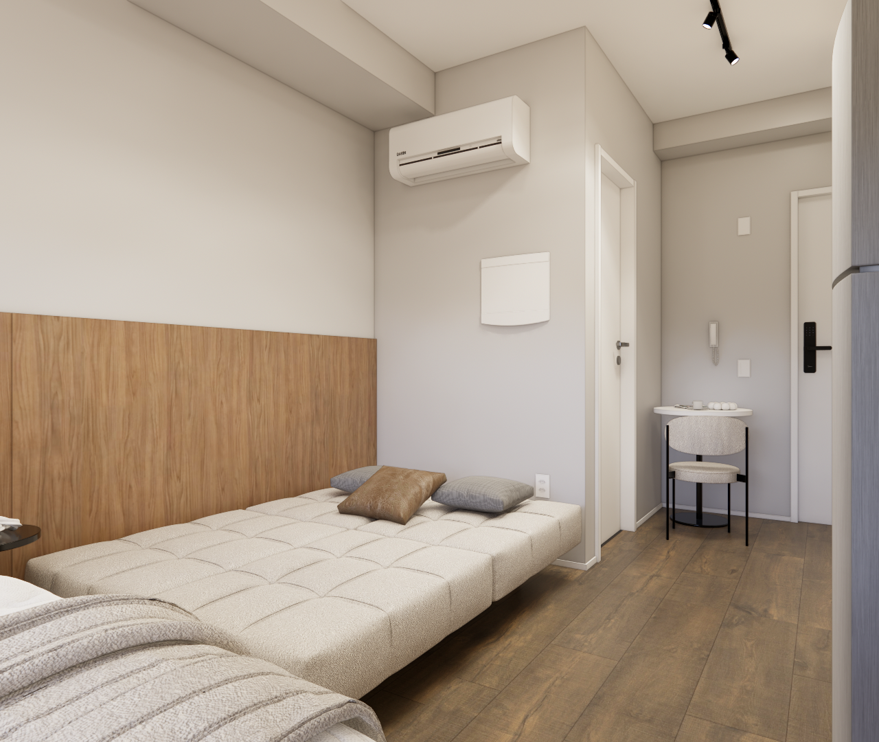 Render 3D de quarto compacto no Metrocasa Berrini com cama baixa, painel de madeira, piso amadeirado e tons neutros