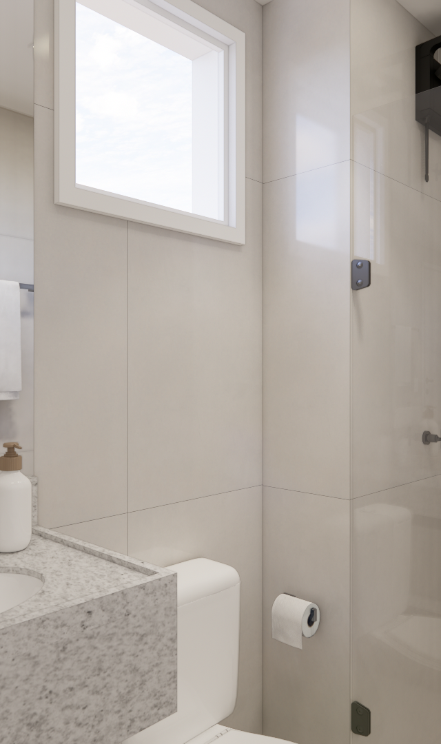 Render 3D de banheiro Metrocasa Berrini com tons claros, pia de pedra, metais pretos e revestimento ripado no box