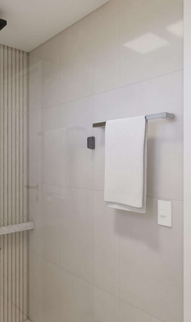 Render 3D de banheiro Metrocasa Berrini com revestimentos claros, box de vidro, nicho em pedra e iluminação neutra