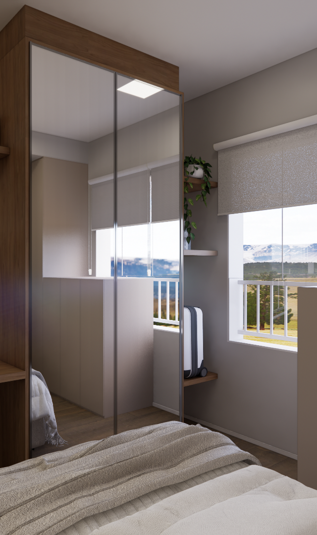 Render 3D de quarto no Metrocasa Berrini com mesa de madeira, guarda-roupa espelhado, tons neutros e luz natural