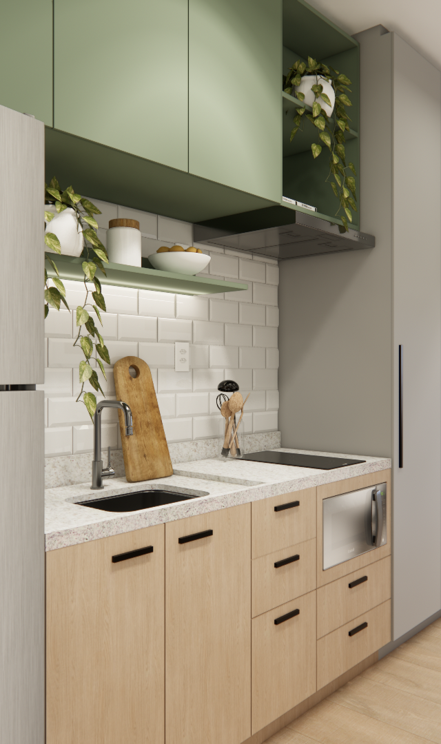 Render 3D de cozinha compacta com marcenaria verde e madeira, bancada clara, eletrodomésticos em inox e luz natural