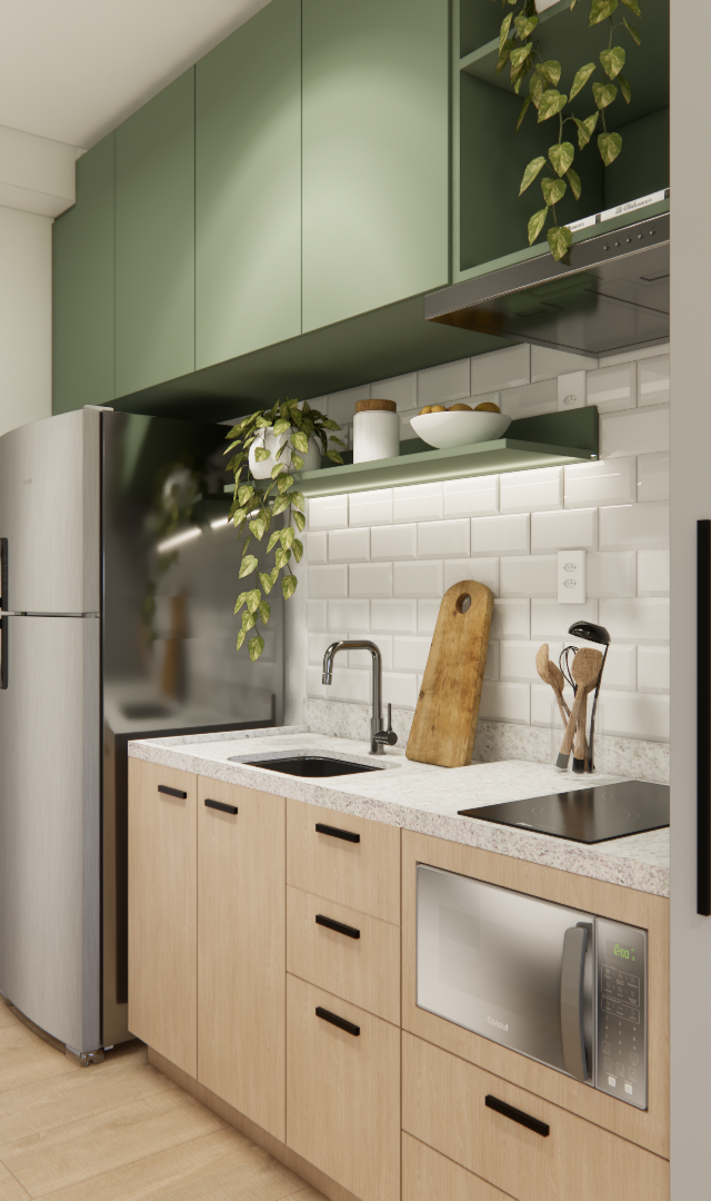 Render 3D de cozinha linear em apartamento compacto com marcenaria verde e amadeirada, azulejos brancos e iluminação LED