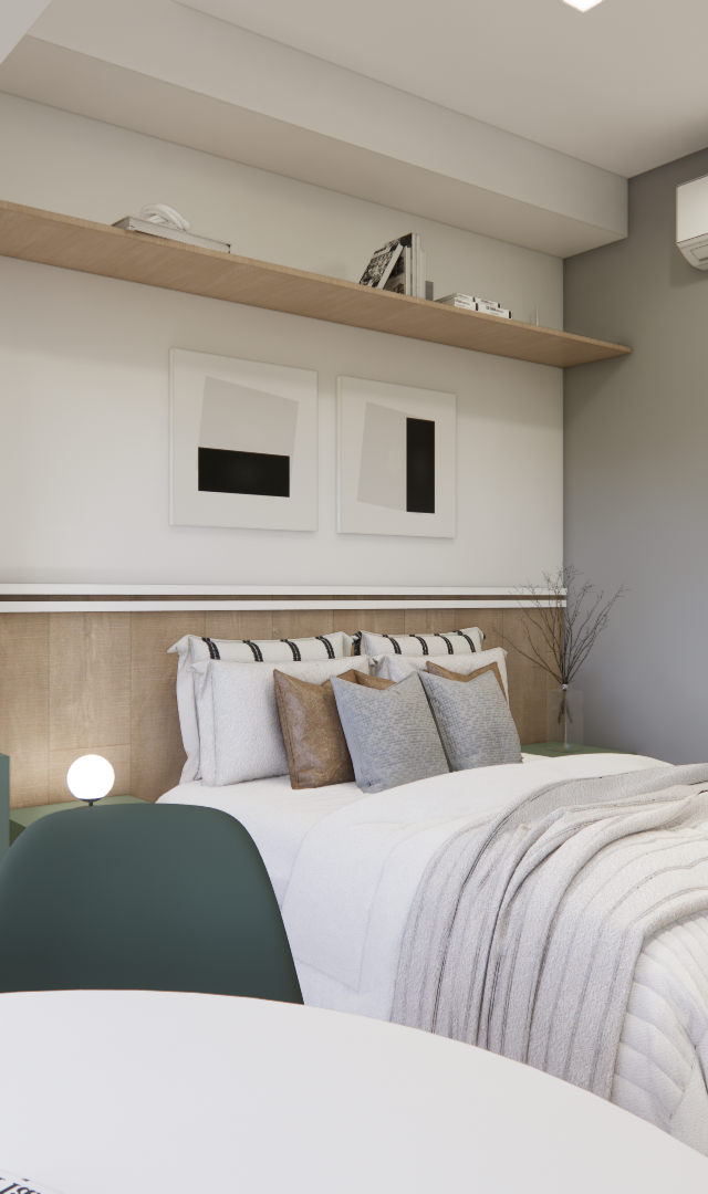 Render 3D de quarto compacto em tons de cinza, bege e verde, com cama, mesa de estudo, marcenaria em madeira e iluminação