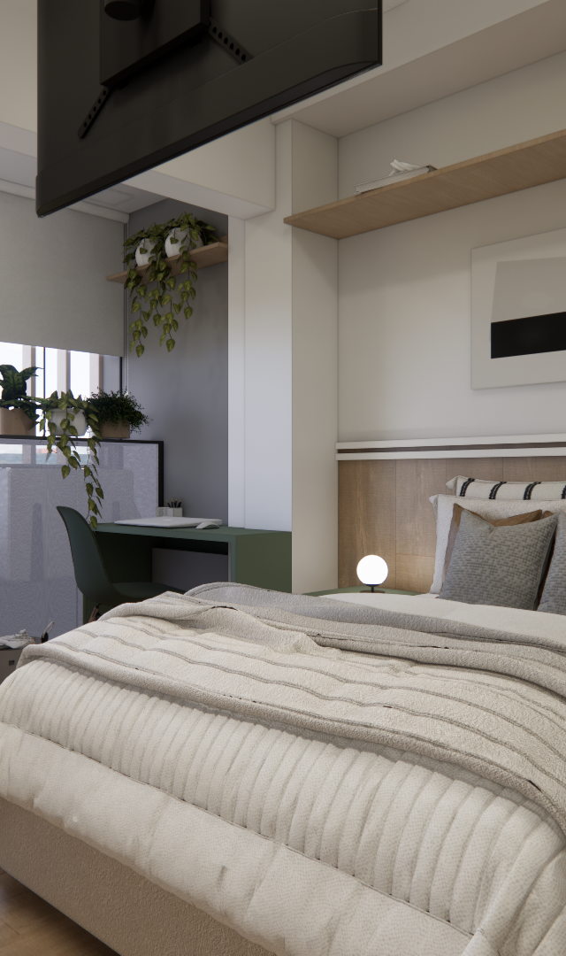 Render 3D de estúdio em Campo Belo com cama, mesa redonda, poltrona, tons de verde e madeira clara com iluminação suave