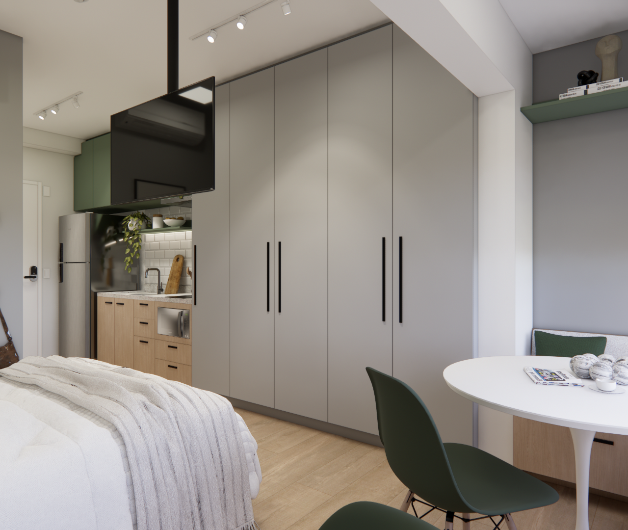 Render 3D de estúdio de 27m² com armários cinza, cozinha compacta de madeira, mesa redonda branca e iluminação em trilho