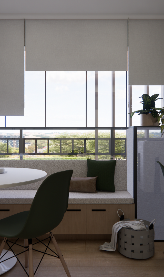 Render 3D de sala de jantar e home office com banco de madeira, mesa redonda, cadeiras verdes e iluminação natural