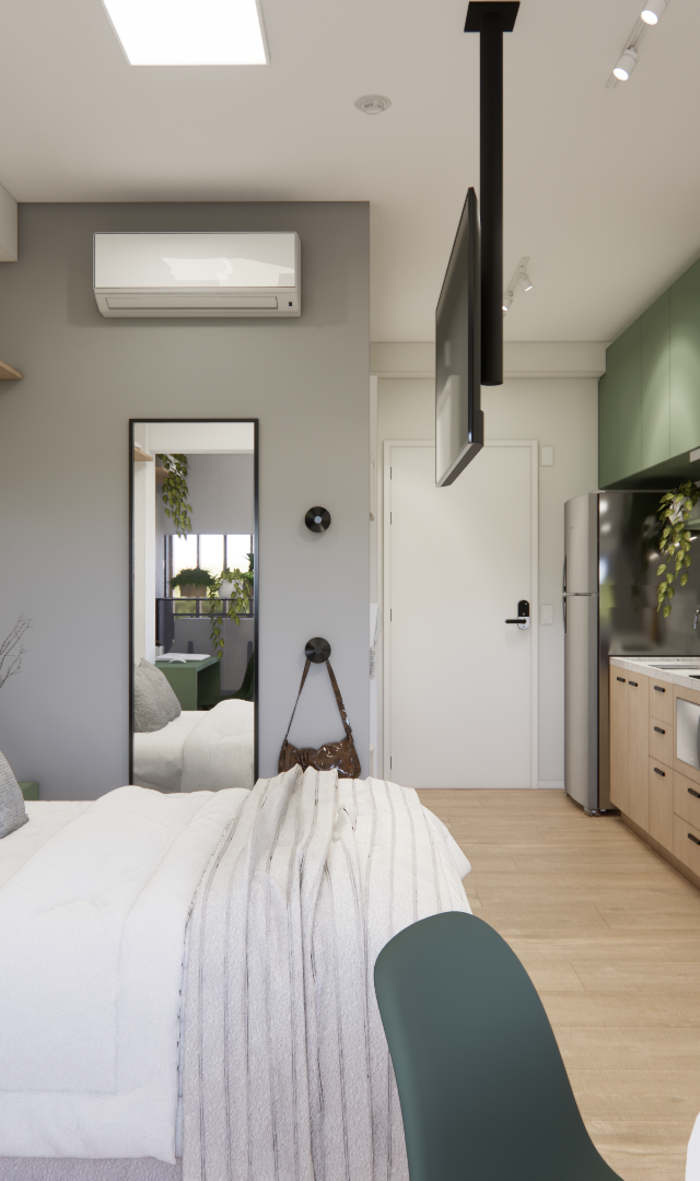 Render 3D de estúdio em Campo Belo com cama, armário cinza, cozinha linear, marcenaria em tons de madeira, verde e cinza