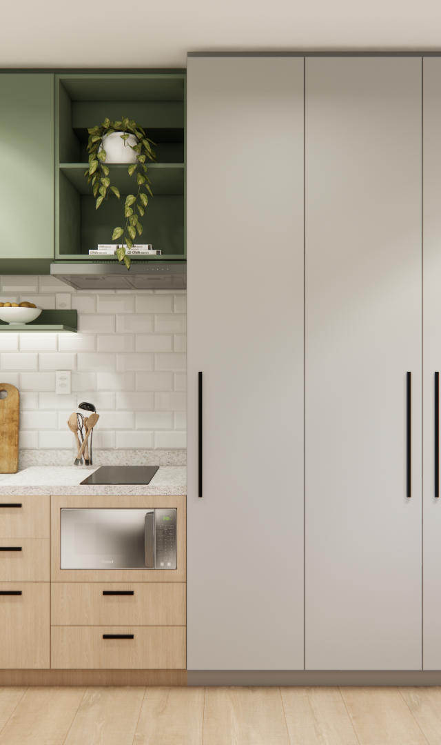 Render 3D de cozinha compacta com armários verdes e madeira, bancada de pedra, subway tile branco e marcenaria cinza