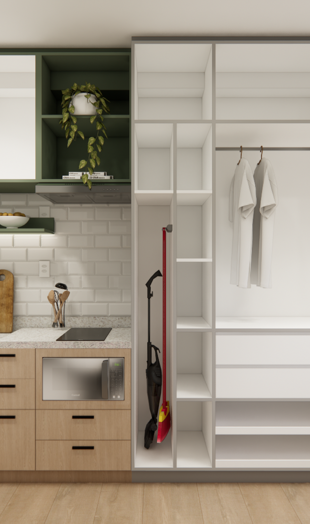 Render 3D de cozinha compacta com marcenaria verde e madeira, armários abertos, eletrodomésticos e revestimento tipo tijolinho