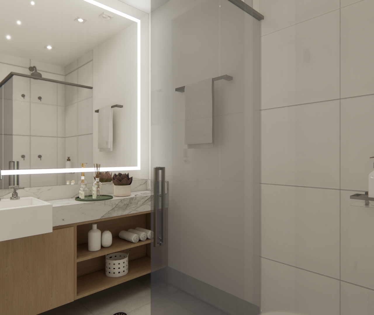 Render 3D de banheiro moderno com espelho iluminado, bancada de mármore, marcenaria em madeira clara e box de vidro
