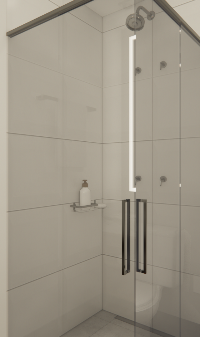 Render 3D de banheiro compacto bege com box de vidro, metais escuros e iluminação linear no Latitude Campo Belo