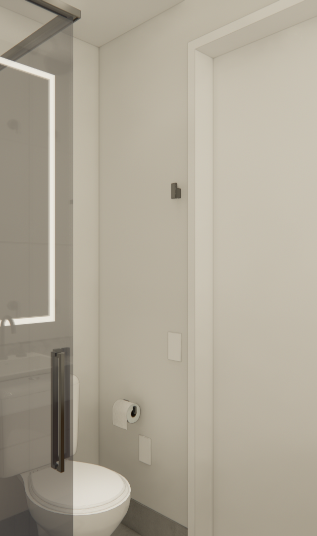 Render 3D de banheiro compacto neutro, com box de vidro, metais escuros, pia branca e iluminação suave em tons de bege