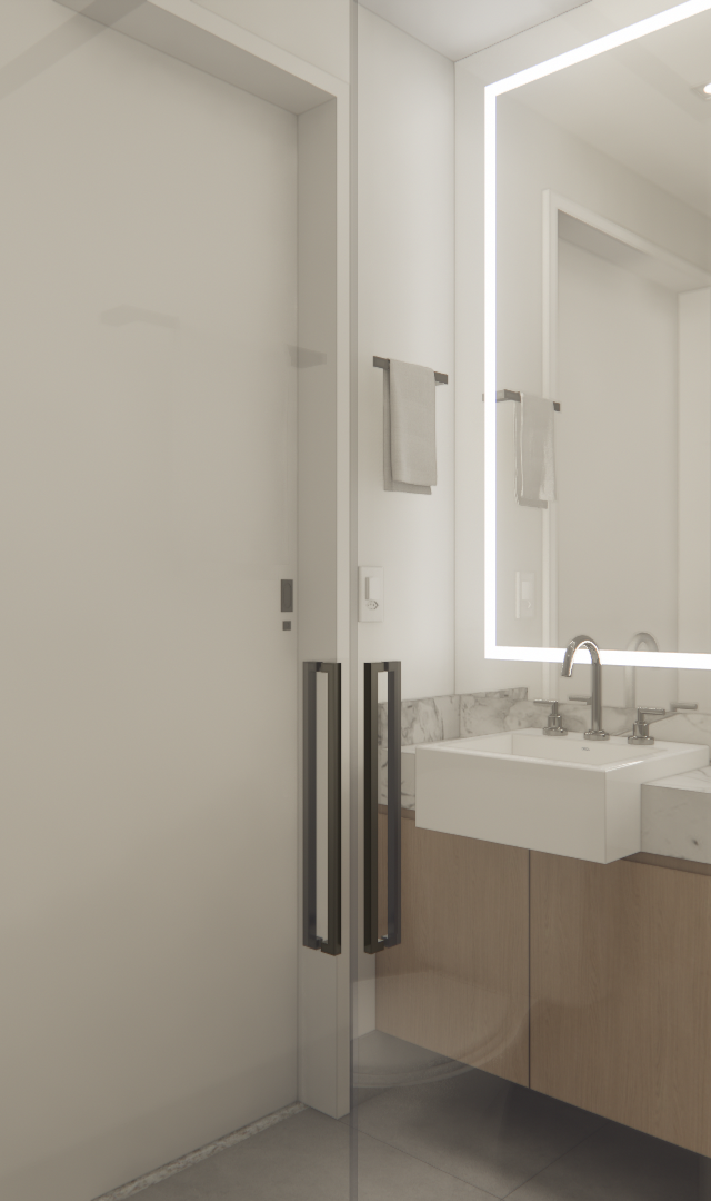 Render 3D de banheiro compacto no Latitude Campo Belo com bancada de mármore, gabinete em madeira, espelho e luz indireta