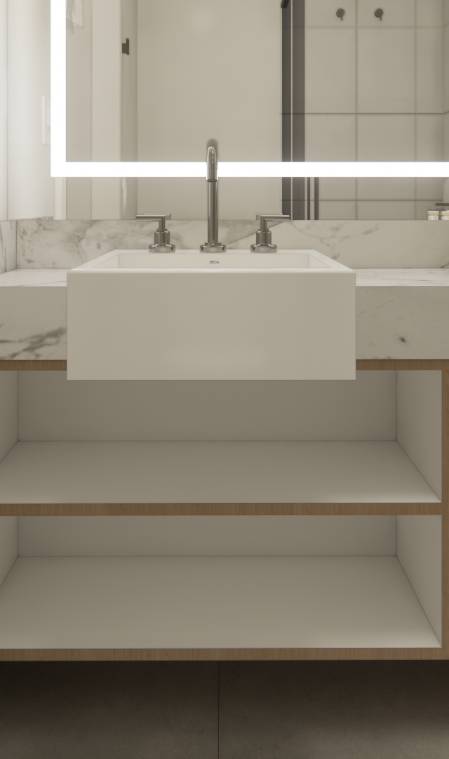 Render 3D de banheiro com bancada de mármore, cuba de apoio branca, marcenaria em madeira e espelho com iluminação em LED