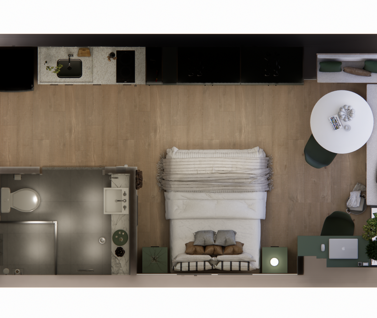Planta baixa 3D de studio 27m² com cama, cozinha linear, mesa redonda, banheiro e marcenaria em tons de verde e madeira