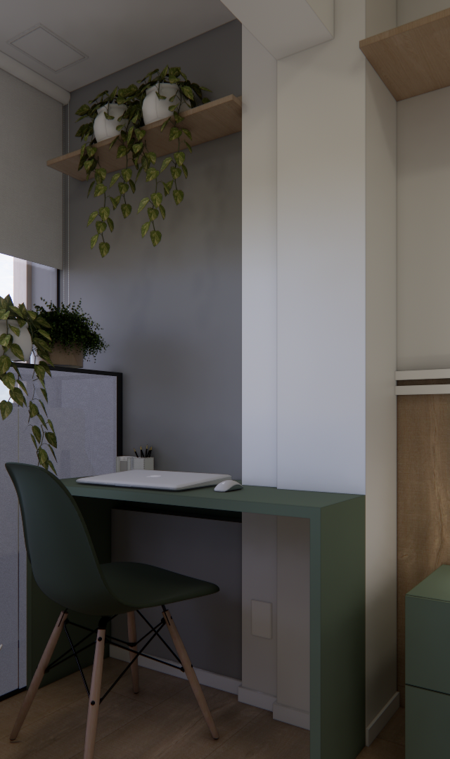 Render 3D de quarto compacto com mesa de trabalho verde, marcenaria em tons neutros, cabeceira amadeirada e luz suave