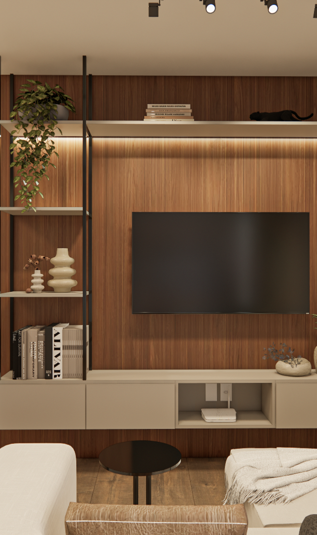 Projeto 3D: TV no painel amadeirado sobre rack claro, com estante e quadros abstratos