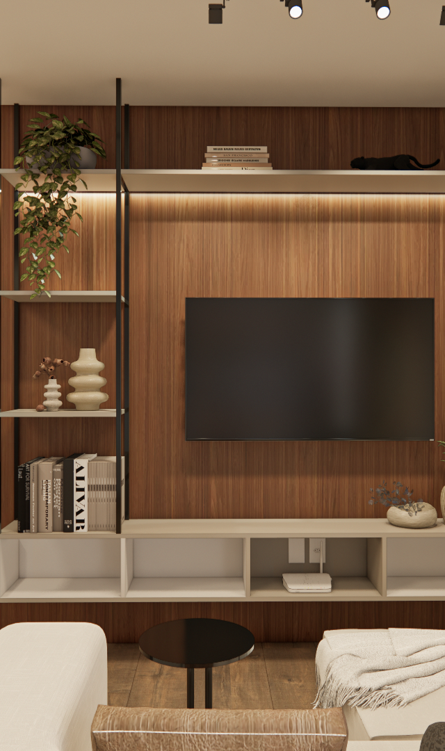 Projeto 3D: Painel amadeirado com TV, rack claro e estante ao lado dos quadros abstratos