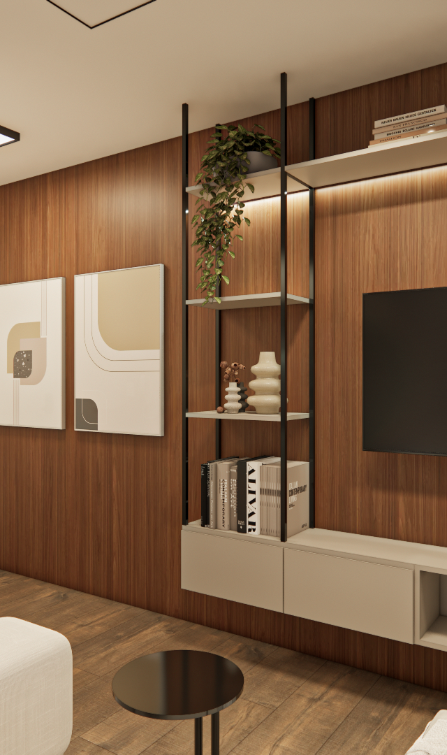 Projeto 3D: TV no painel amadeirado e rack claro, com cozinha à esquerda