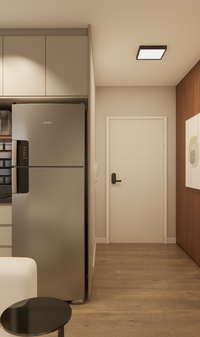 Projeto 3D: Cozinha clara e geladeira, com porta de entrada e painel de TV ao lado