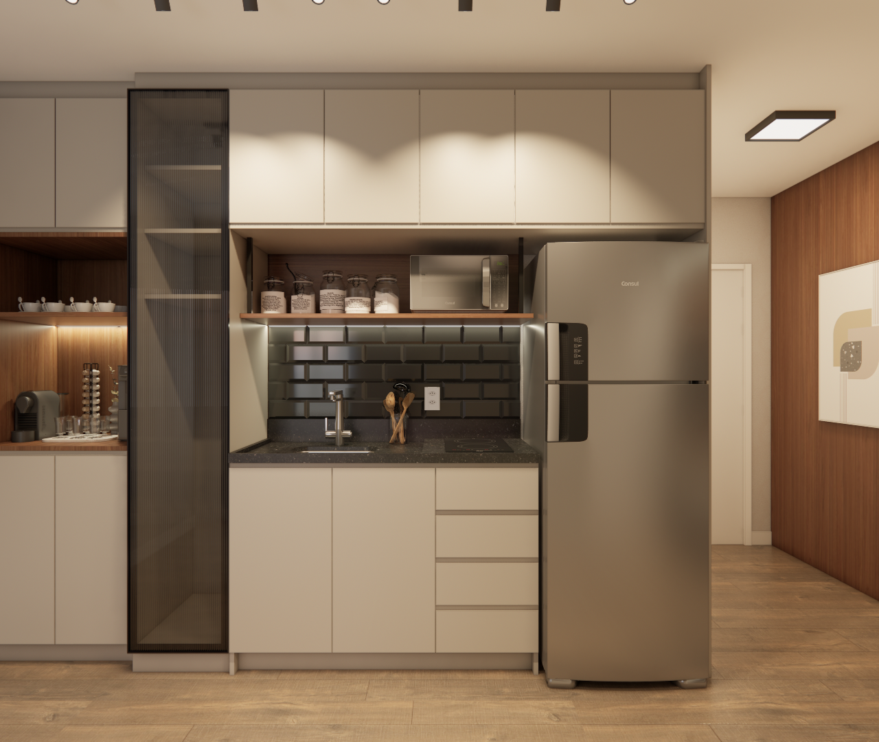 Projeto 3D: Cozinha com armários claros, bancada preta e geladeira diante do painel de TV