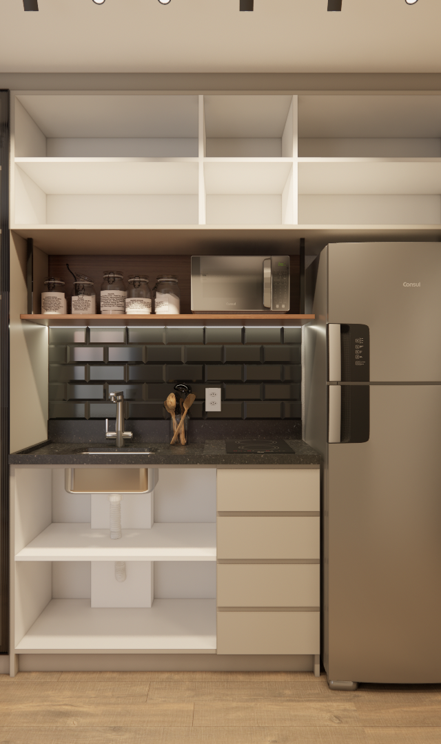 Projeto 3D: Armário aberto na cozinha, com geladeira e painel de TV à direita