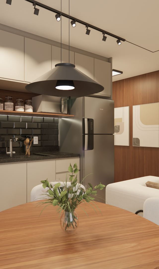 Projeto 3D: Mesa redonda sob pendente preto, com cozinha e painel de TV ao fundo