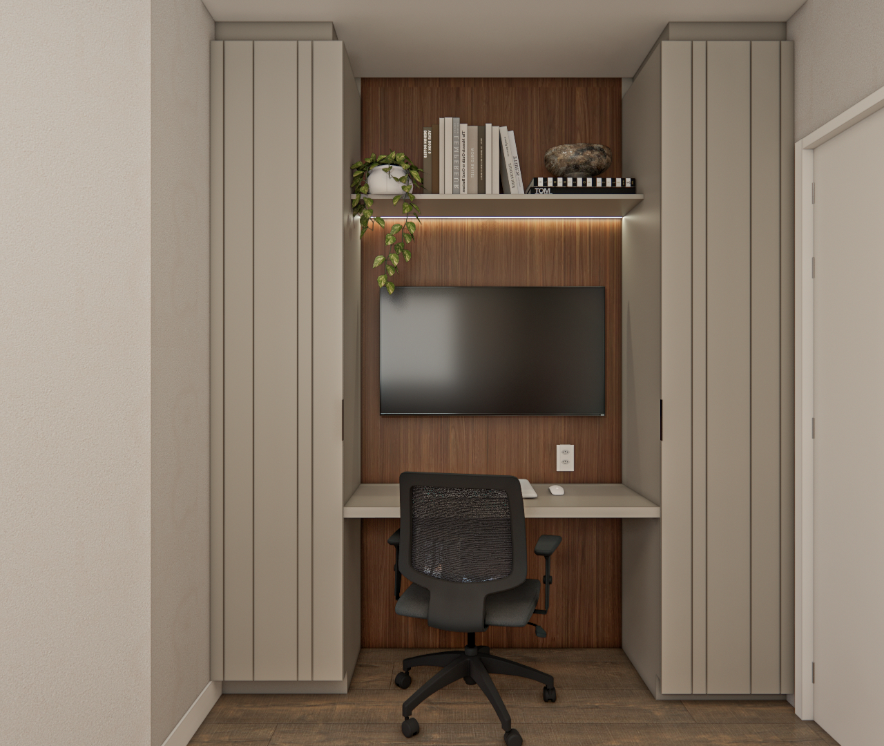 Projeto 3D: Escrivaninha com cadeira preta e TV entre armários claros do quarto