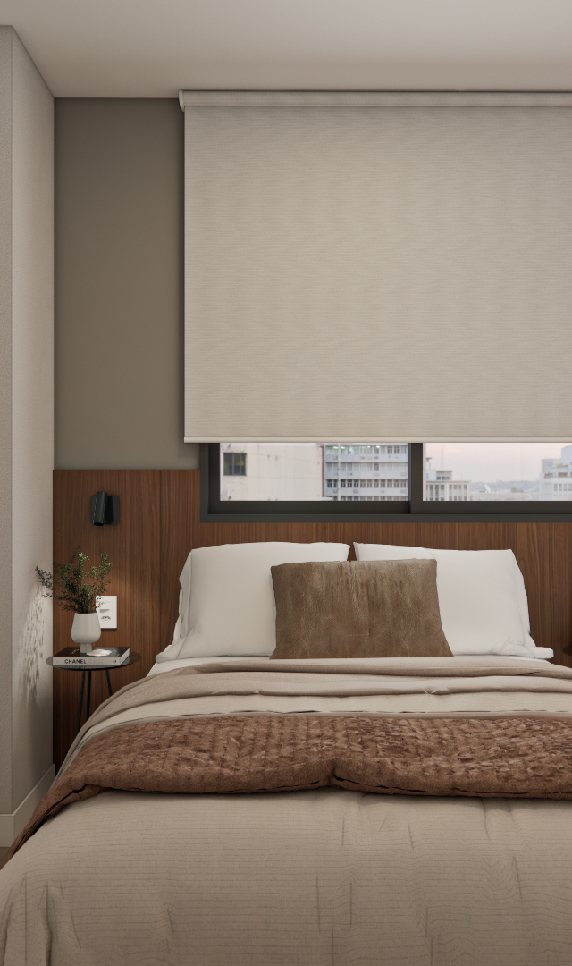 Projeto 3D: Cama diante da persiana, com quadro abstrato e porta de vidro ao lado