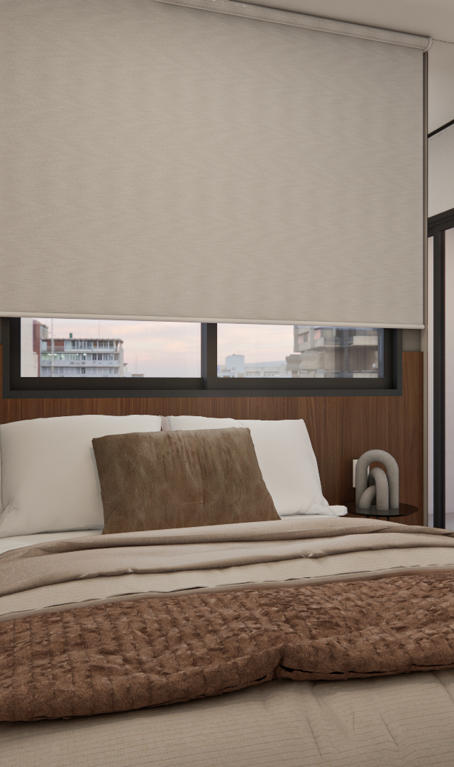 Projeto 3D: Cama com manta terracota, junto à persiana e à porta de vidro