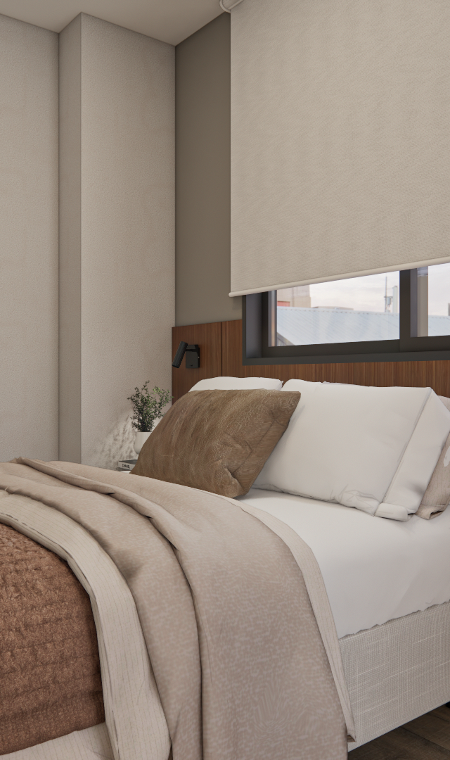 Projeto 3D: Cama vista de lado, com cabeceira amadeirada e quadro abstrato