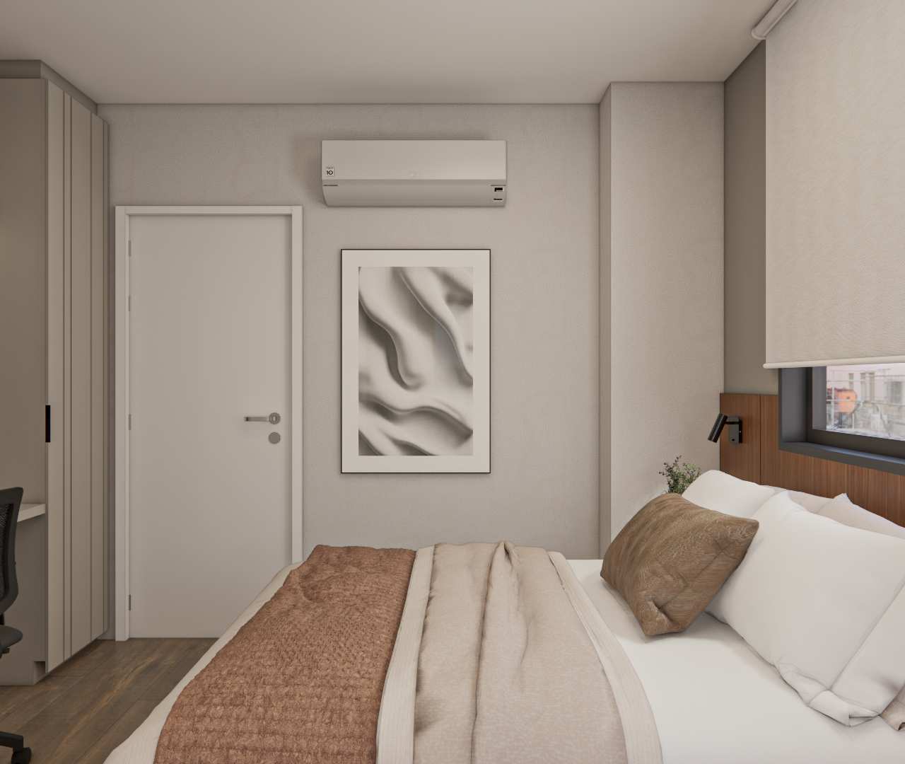 Projeto 3D: Cama junto à persiana, com escrivaninha e ar-condicionado ao fundo