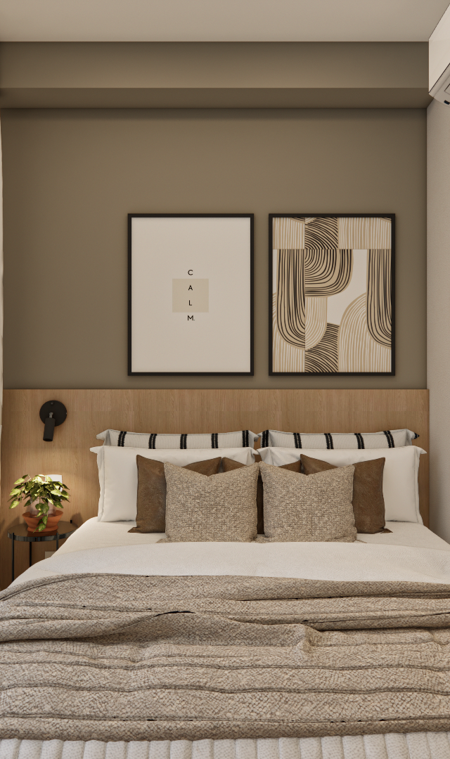 Render 3D de quarto no Think Tanabi Perdizes com cabeceira em madeira, tons neutros, quadros decorativos e luz indireta