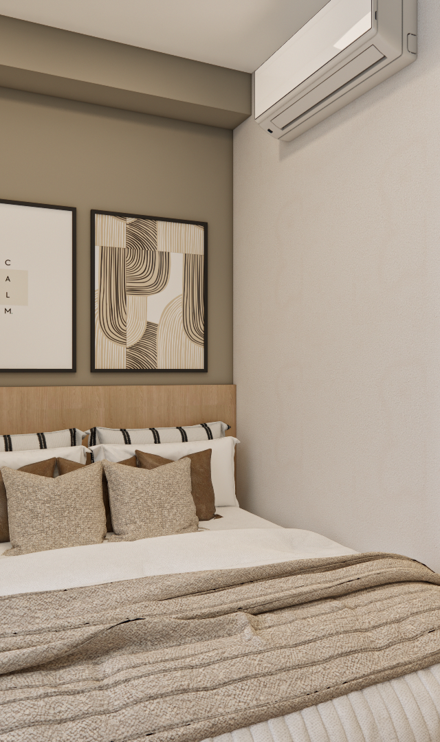 Render 3D de quarto no TO - THINK TANABI PERDIZES com tons neutros, cabeceira de madeira, espelho oval e iluminação quente