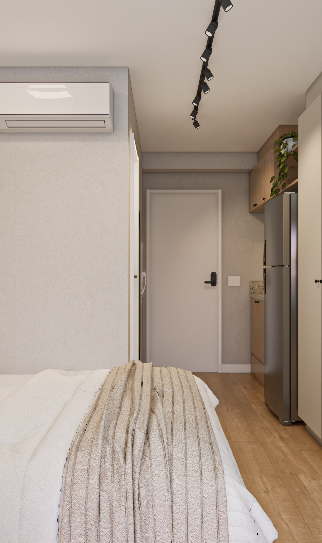 Render 3D de estúdio compacto em Perdizes com cama, marcenaria em tons claros, mesa de trabalho e cozinha ao fundo