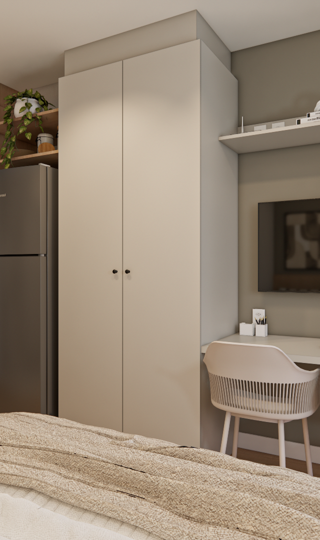 Render 3D de estúdio com cozinha em marcenaria amadeirada, armário cinza, bancada de trabalho, TV e iluminação neutra