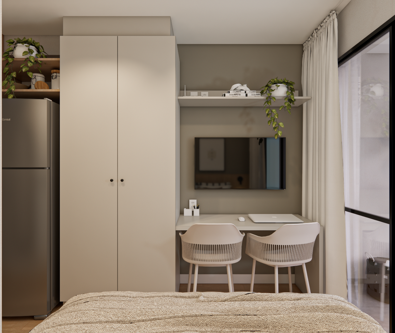 Render 3D de quarto TO - THINK TANABI PERDIZES com marcenaria bege, bancada de estudo, TV, cadeiras claras e planta interna