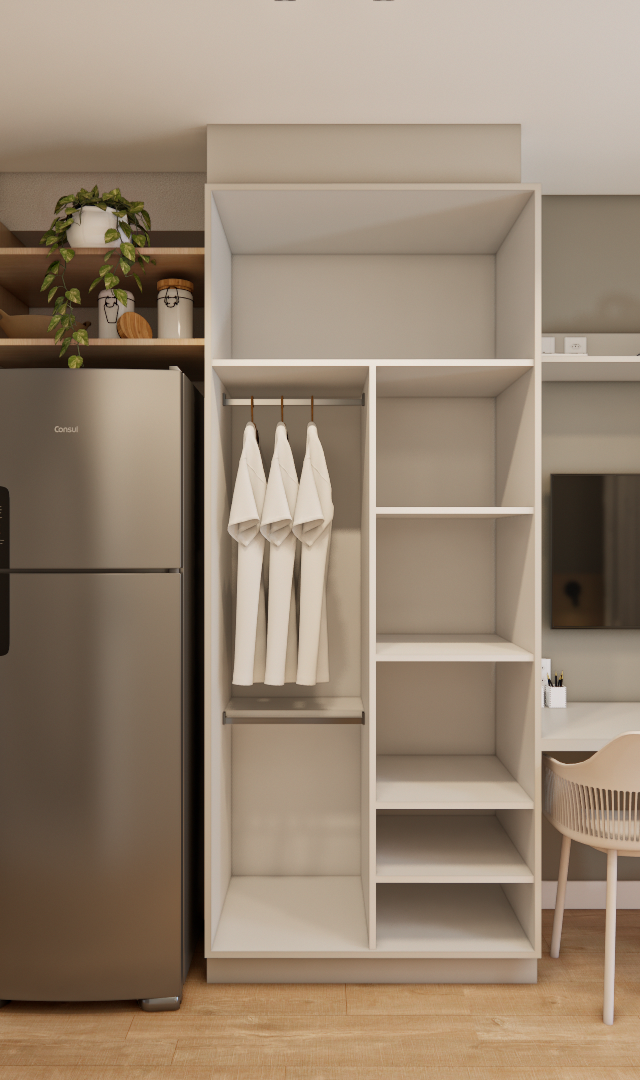 Render 3D de estúdio em Perdizes com marcenaria em tons claros e madeira, cozinha compacta, armário, TV e mesa de trabalho