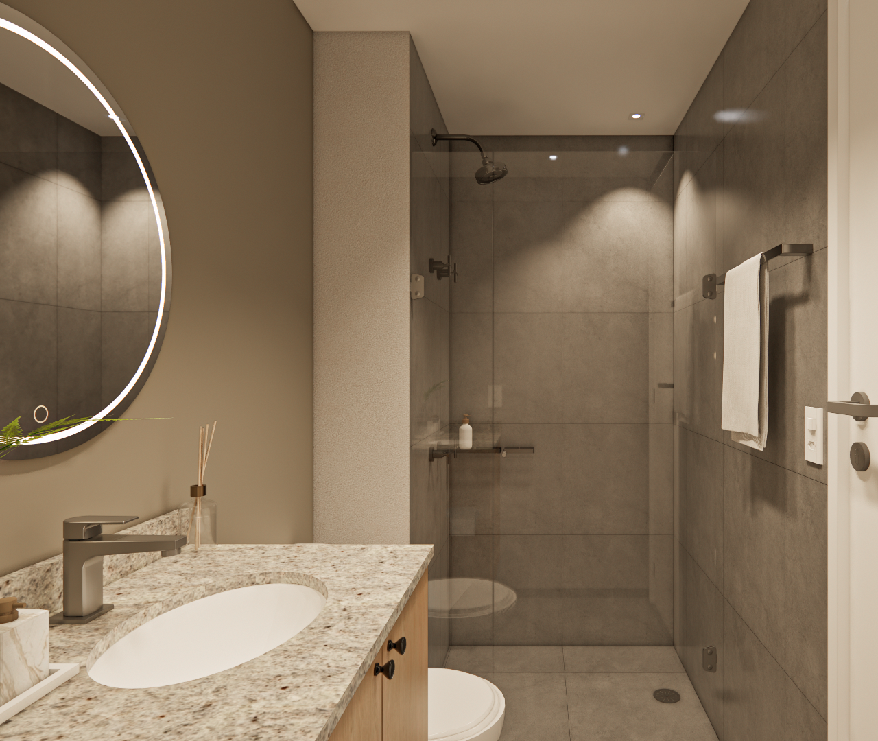 Render 3D de banheiro no Think Tanabi Perdizes com bancada em granito claro, espelho redondo iluminado e box de vidro